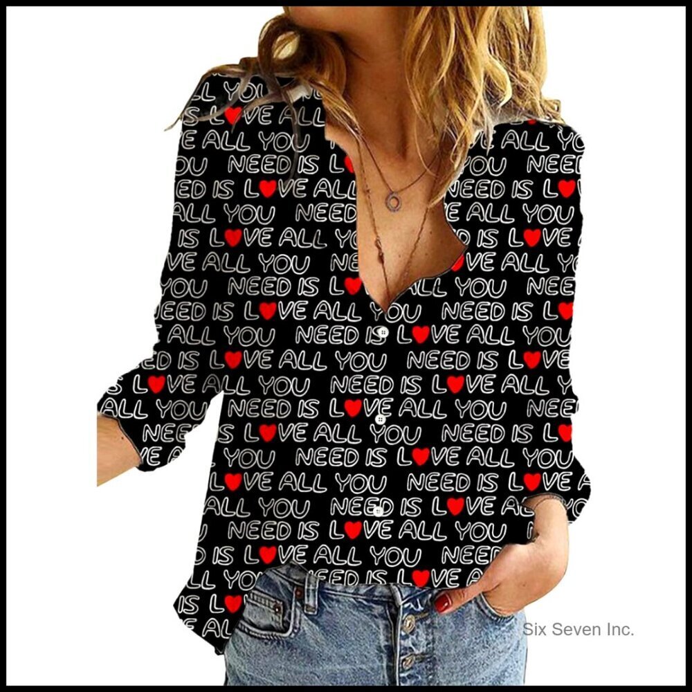 Long Sleeve Button Down Blouse Hawaiian Heart Print Y2K Chic Casual Tops